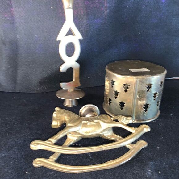 Triptych Brass Candle Holder Set - Joy Design, Rocking Horse, Voltive Pine Trees - Picture 1 of 13
